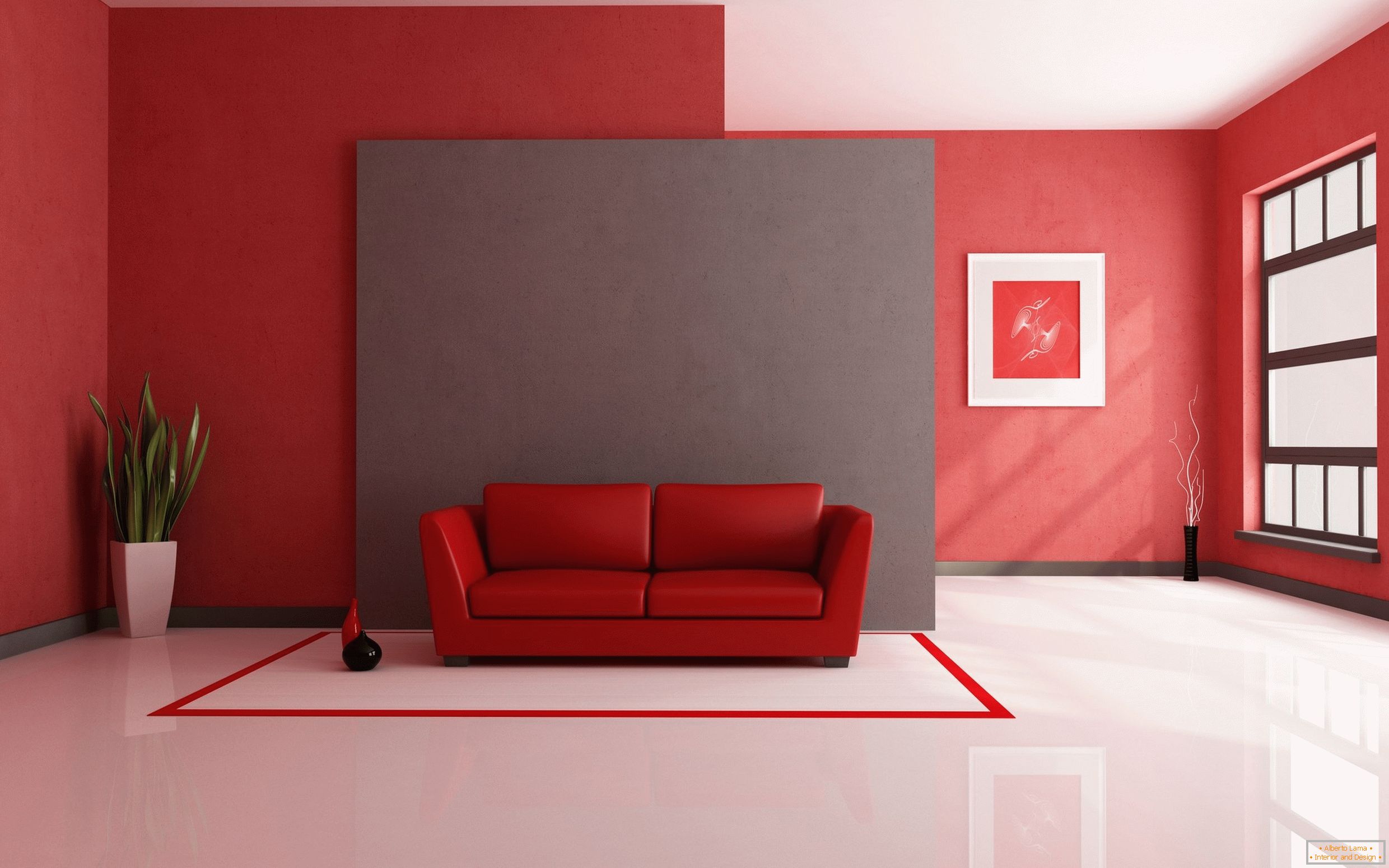 Білий підлогу в поєднанні з червоними оздоблювальними матеріалами і предметами інтер'єру