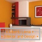 Поєднання помаранчевого, червоного і білого в дизайні вітальні