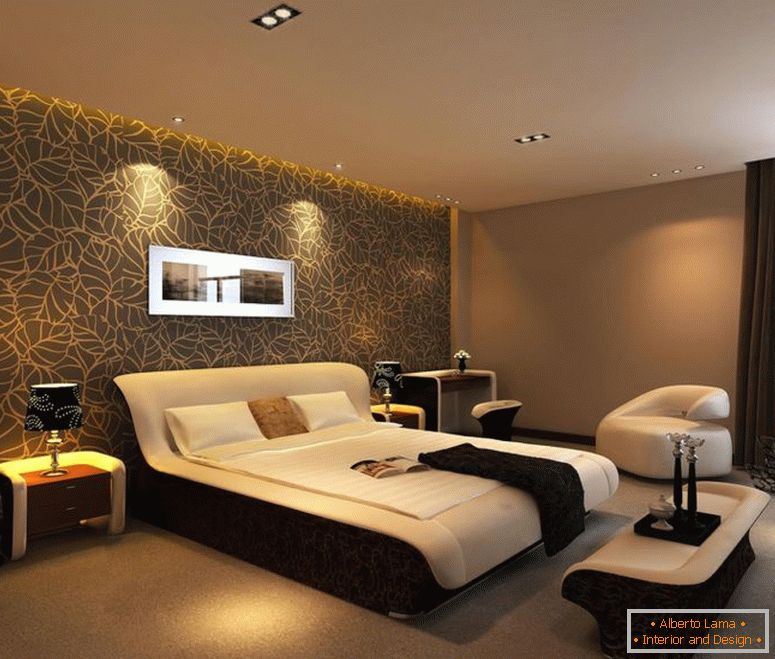 коричневі акценти-стіна-ідея-для великої спальні-комбінат-з-квітковим фоном-принт-і-завершено-з-комфортно-ліжко-плюс приємний білий диван