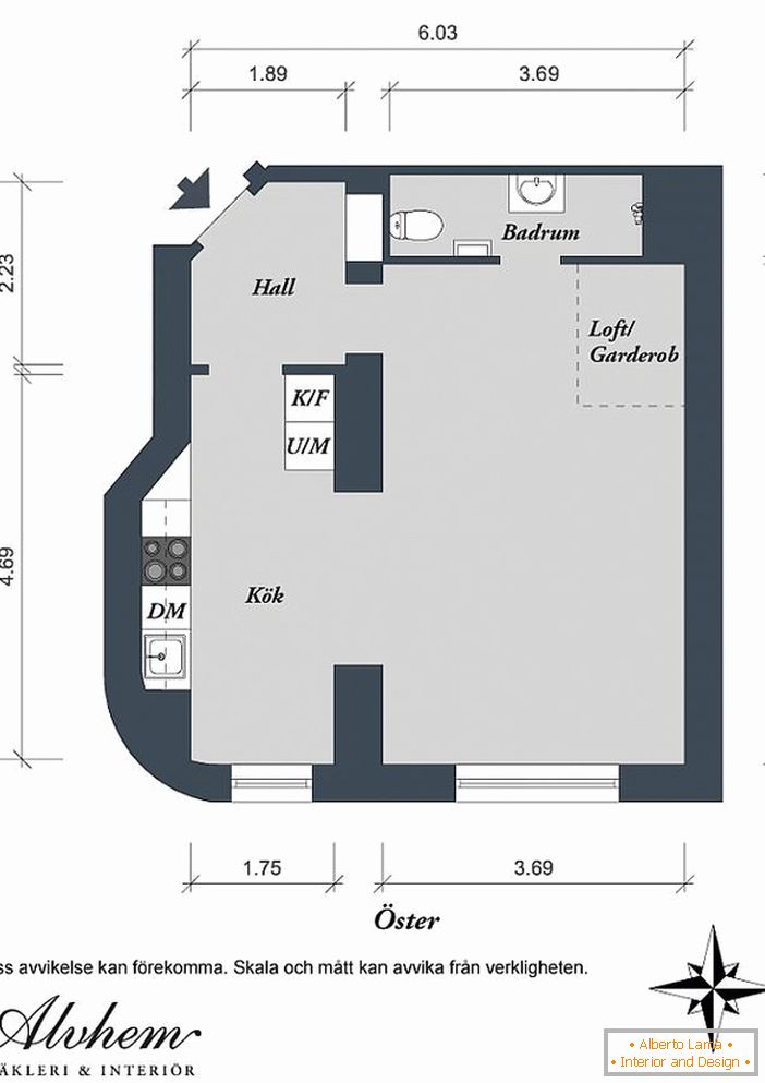 План-схема однокімнатної квартири в Гетеборзі, Швеція