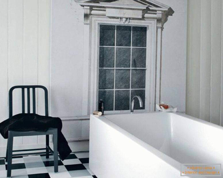 black-and-white-traditional-interior-ваннаroom-design-white-corian-square-ваннаtub-black-and-white-floor-tile-vintage-plastic-stool-white-wood-frame-window-black-and-white-ваннаroom-ideas-interior-ванна