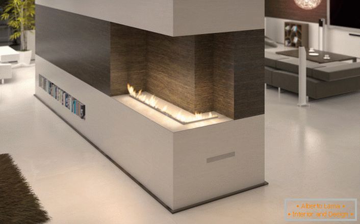 Конструкція факельної трубки біокаміна дозволяє дизайнеру ергономічно розміщувати камін в інтер'єрі вітальні.