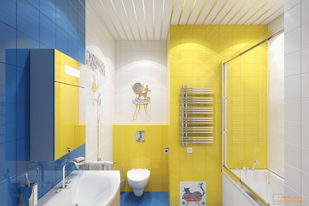 Синій, жовтий і білий кольори в інтер'єрі ванної