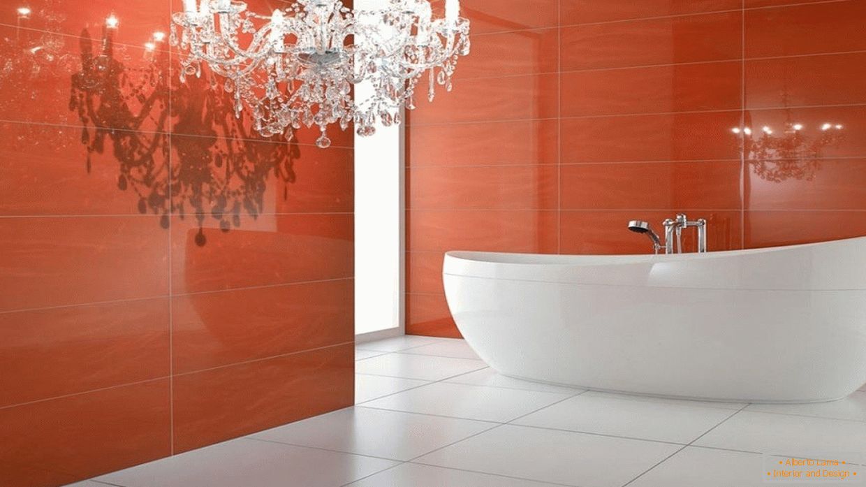 Червоні стіни і білий підлогу в ванній