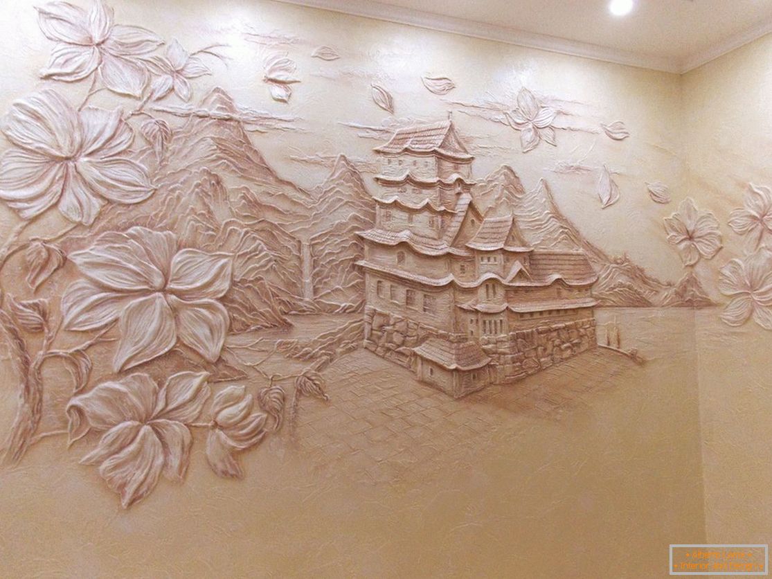 Об'ємний малюнок з будинком і деревами з декоративної штукатурки