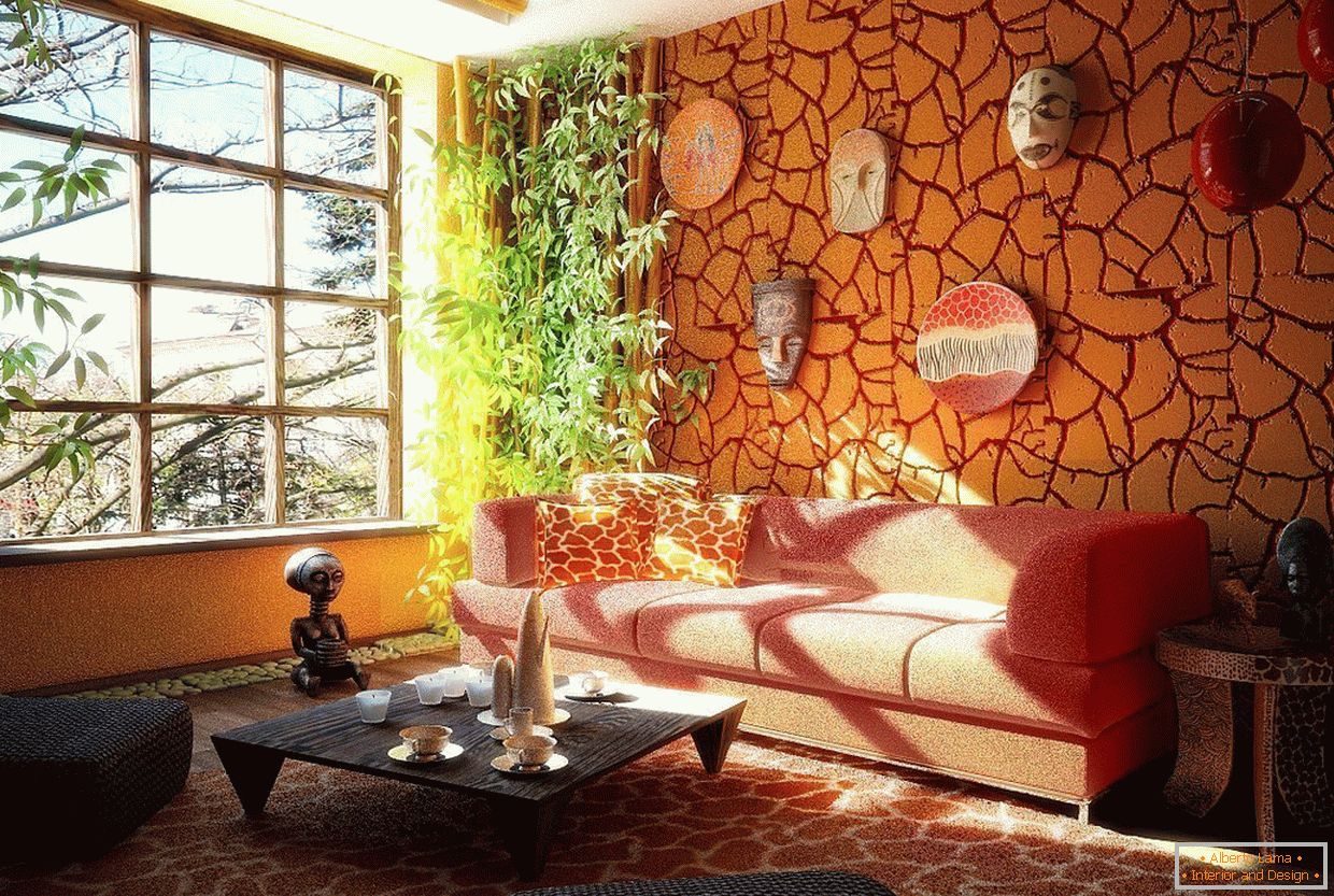 Помаранчева декоративна штукатурка в дизайне гостиной
