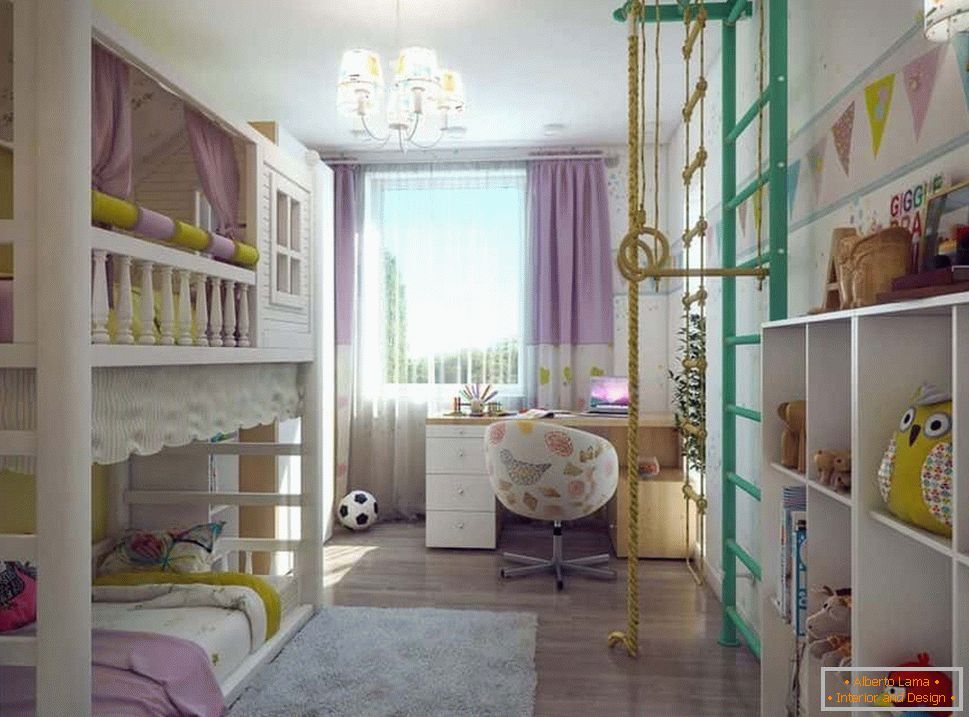 Дитяча кімната в хрущовці з двох ярусної ліжком і шведською стінкою