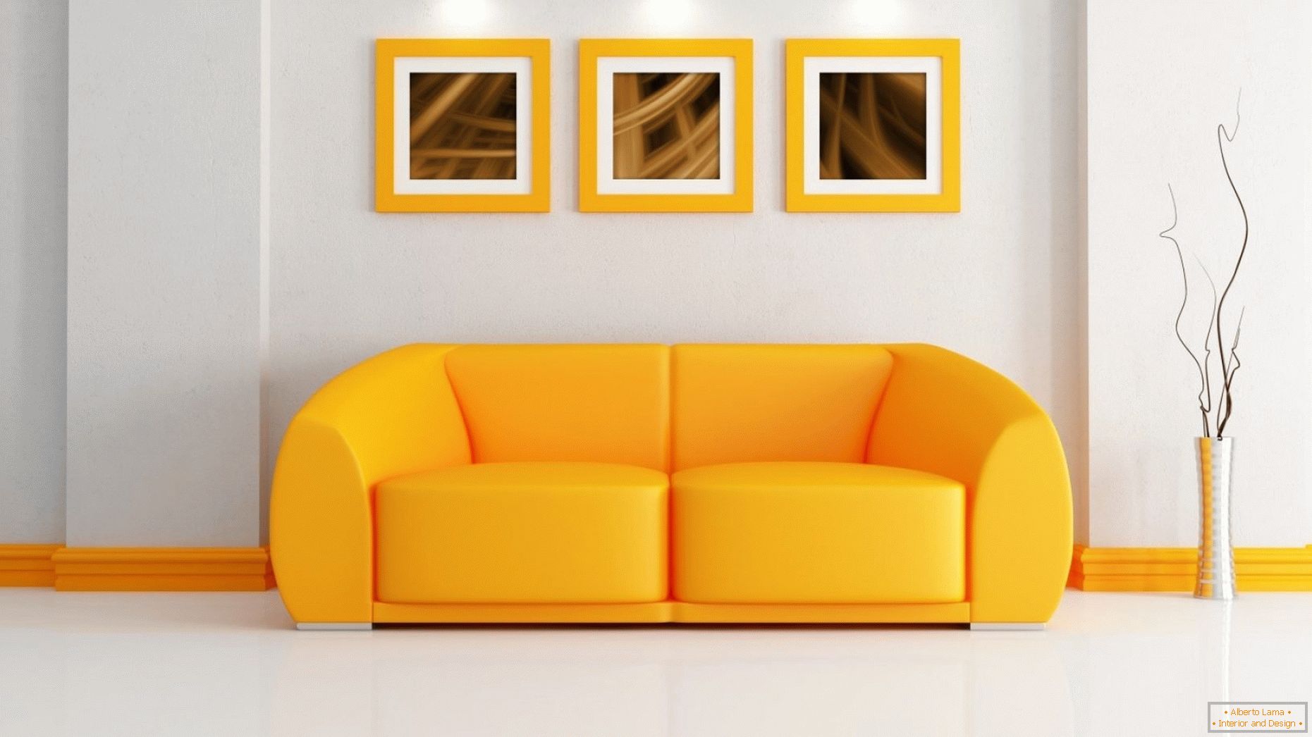 Світлий інтер'єр з помаранчевим диваном
