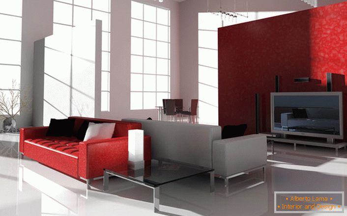 Контрастний червоний колір в стилі хай тек цікавий і затребуваний. Яскраво-червоний диван на хромованих ніжках ідеальний для оформлення сучасного інтер'єру.