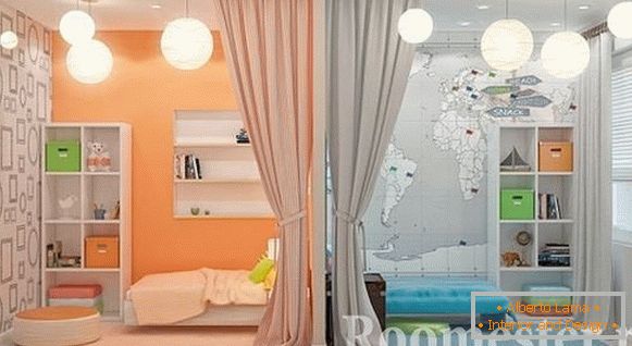 Розділена перегородкою і кольором дитяча кімната для двох різностатевих дітей