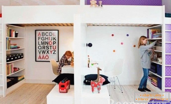Дитяча кімната для різностатевих дітей поділена на два простору