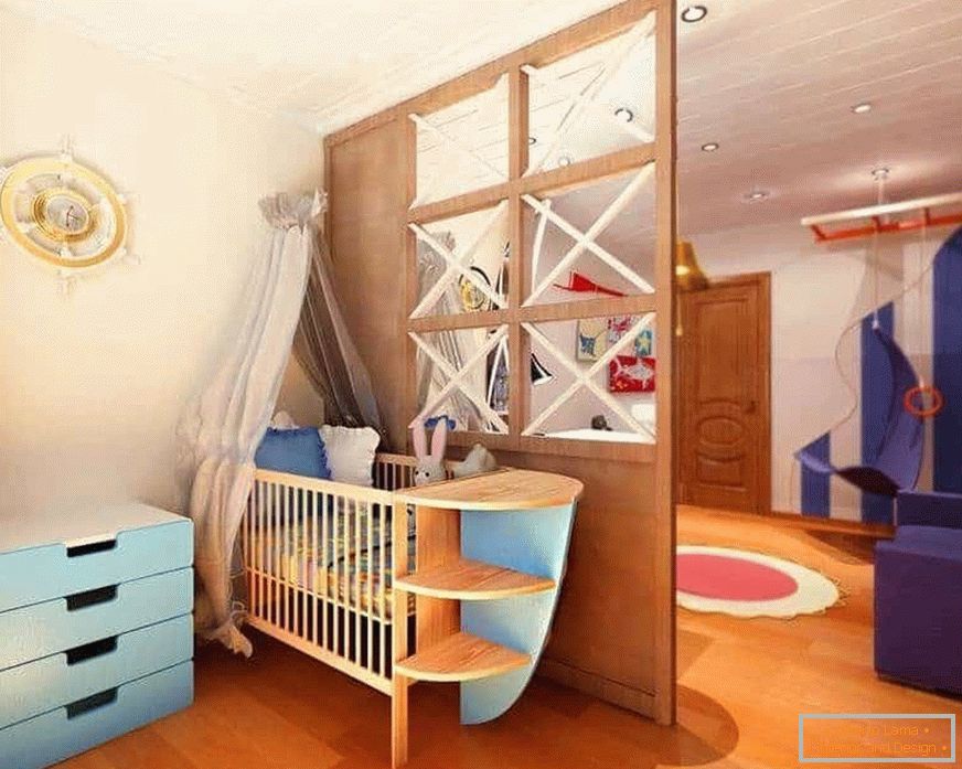 Дерев'яна перегородка в одній кімнаті вітальні та дитячої