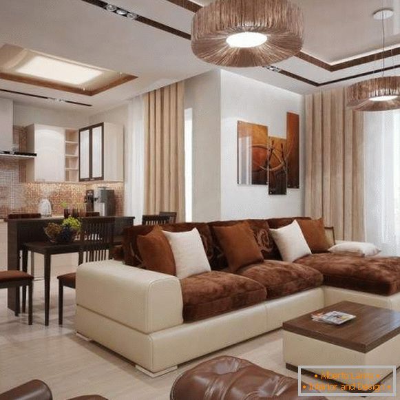 Сучасний дизайн вітальні в приватному будинку в білому і коричневому кольорі