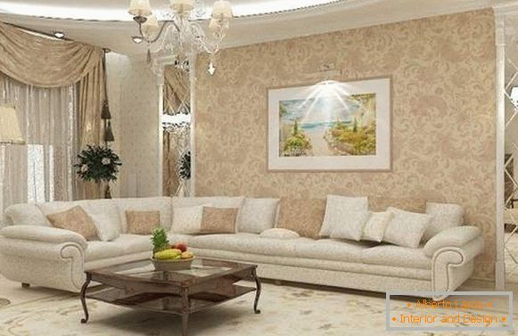 Класичний дизайн вітальні в приватному будинку в білому і бежевому кольорах