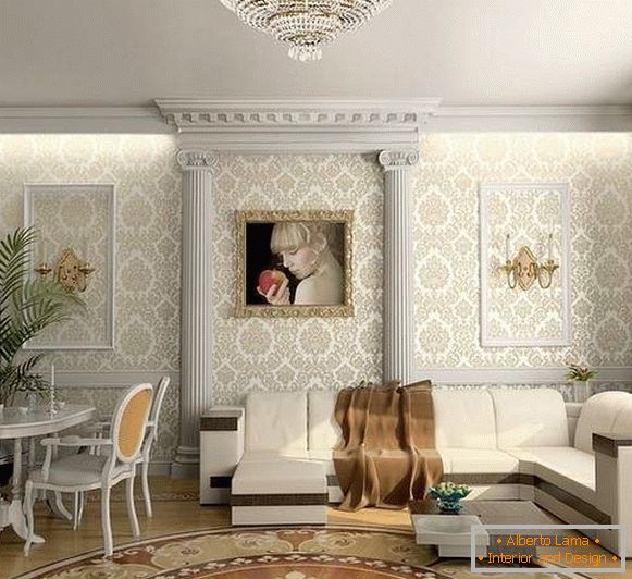Класичний дизайн вітальні в приватному будинку з ліпним декором