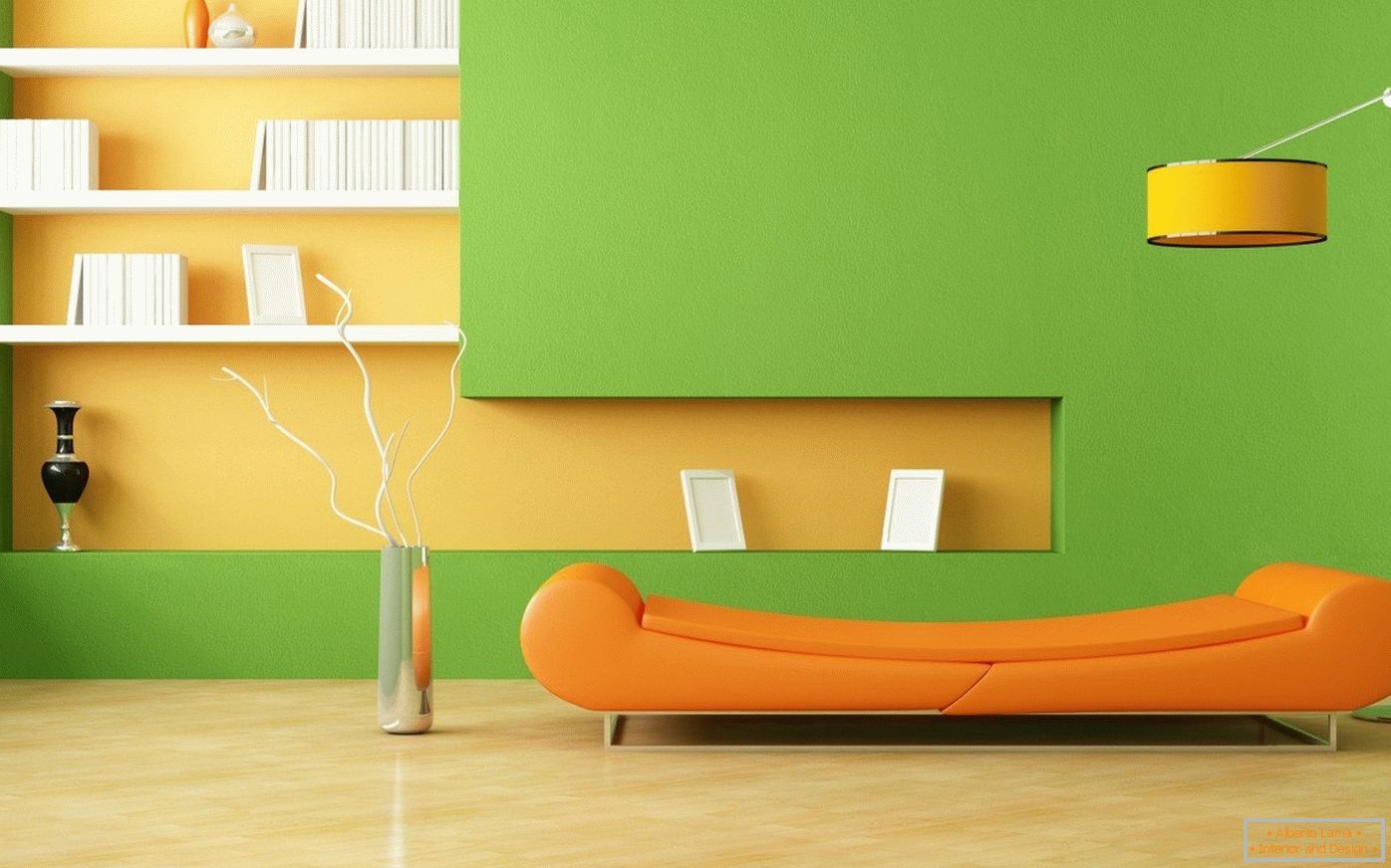Помаранчевий диван і зелені стіни