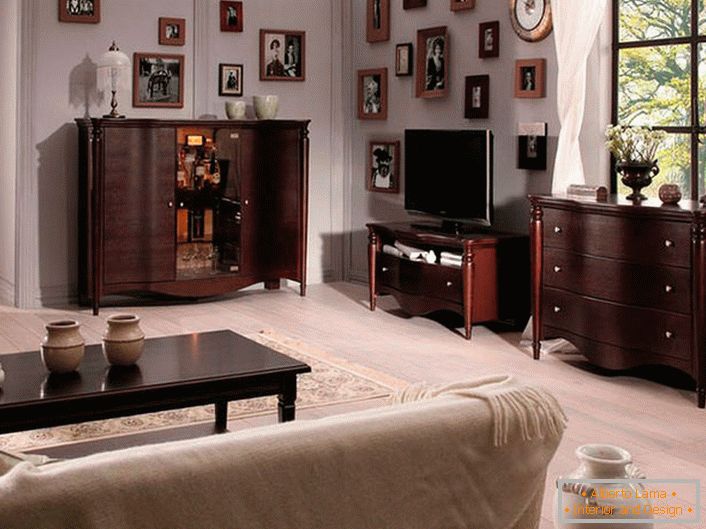 Меблі для гостьової кімнати в стилі венге. Контрастний колір вигідно виділяється на тлі світлої обробки.