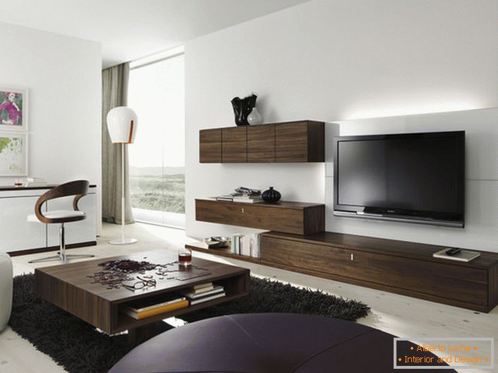 Меблевий гарнітур для вітальні кольору венге органічно виглядає в сучасному інтер'єрі.