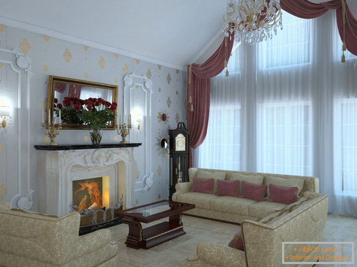 Гостьова кімната в стилі арт-деко на мансардному поверсі. Дров'яної камін в білосніжній панелі з вигадливою ліпниною виглядає привабливо, робить атмосферу в кімнаті теплою і романтичною.