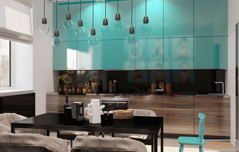 Бірюзовий колір в кухні в поєднанні з чорним в їдальні