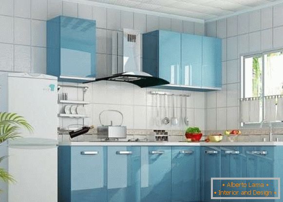 Дизайн кутовий кухні в приватному будинку - фото в блакитному кольорі
