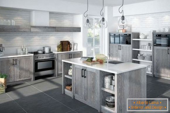 Дизайн кухні їдальні в приватному будинку - фото в сірому кольорі