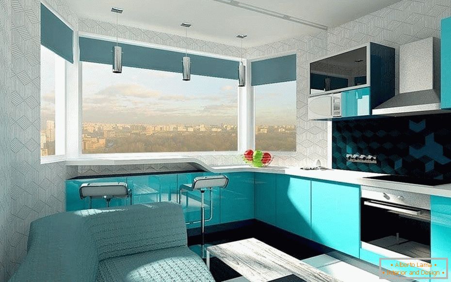 Дизайн проект кухні в берюзовий кольорі з еркером з барною стійкою біля вікна