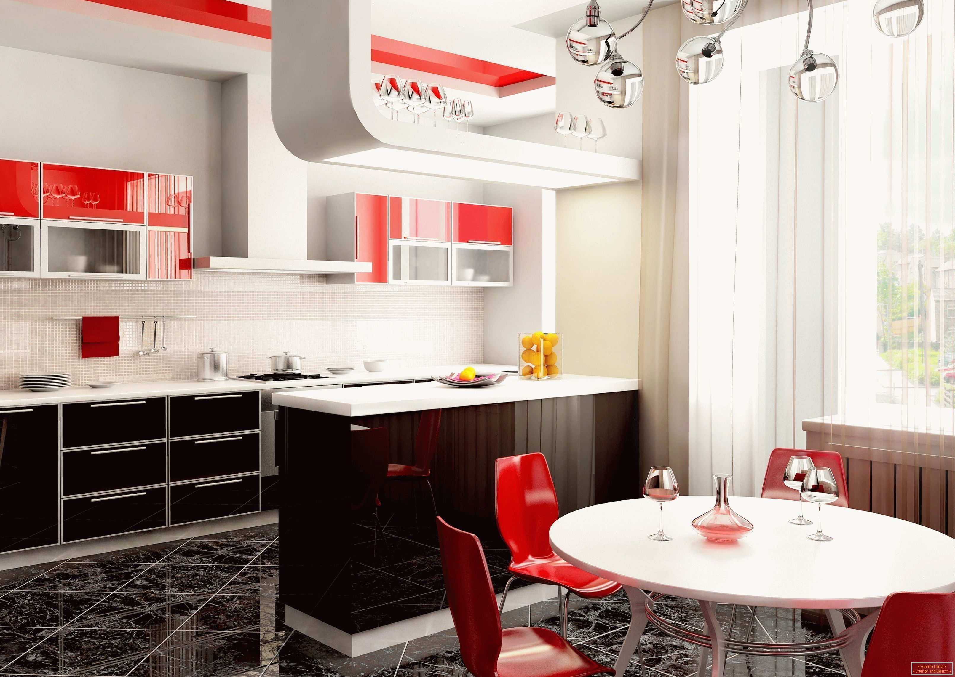 Світлий інтер'єр кухні в квартирі з червоними акцентами