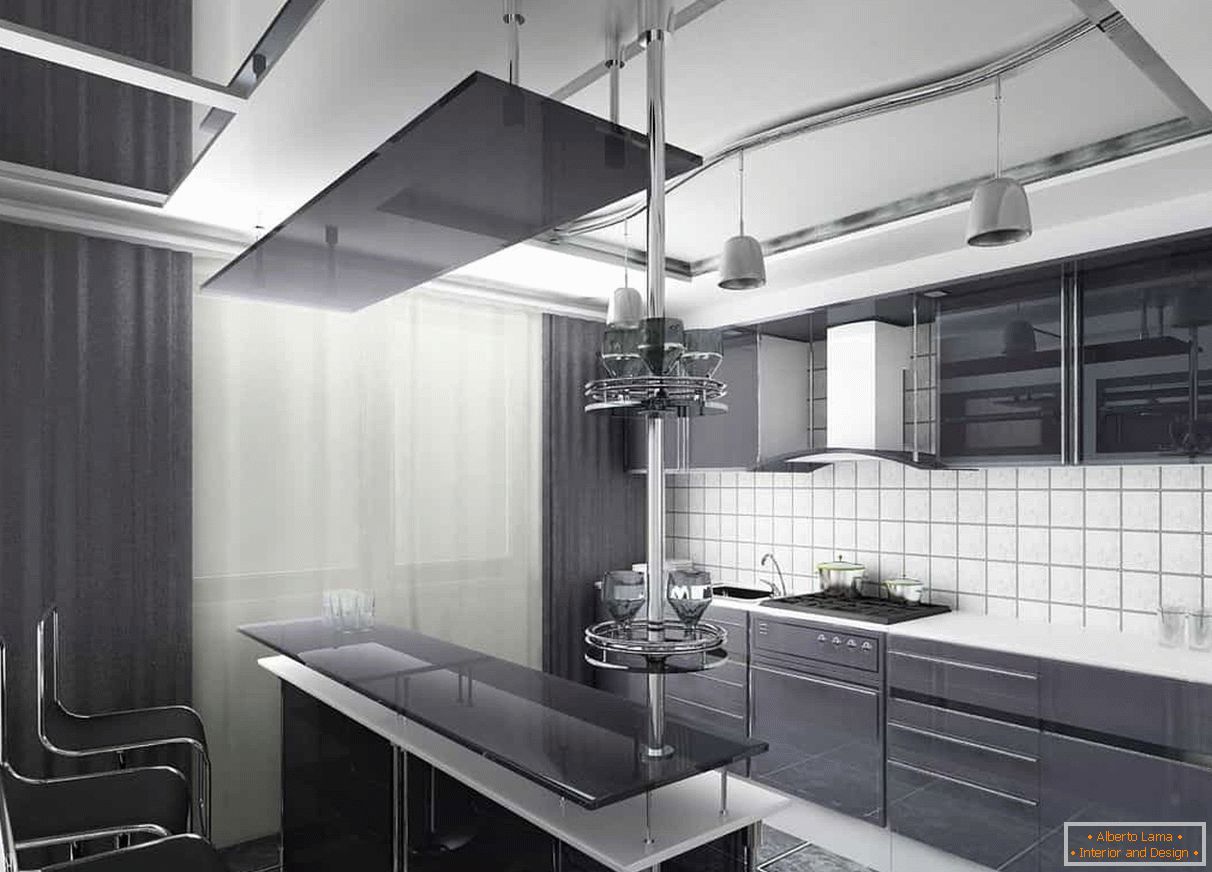 Темні штори і темний фасад кухні поєднується з білим фартухом і стелею