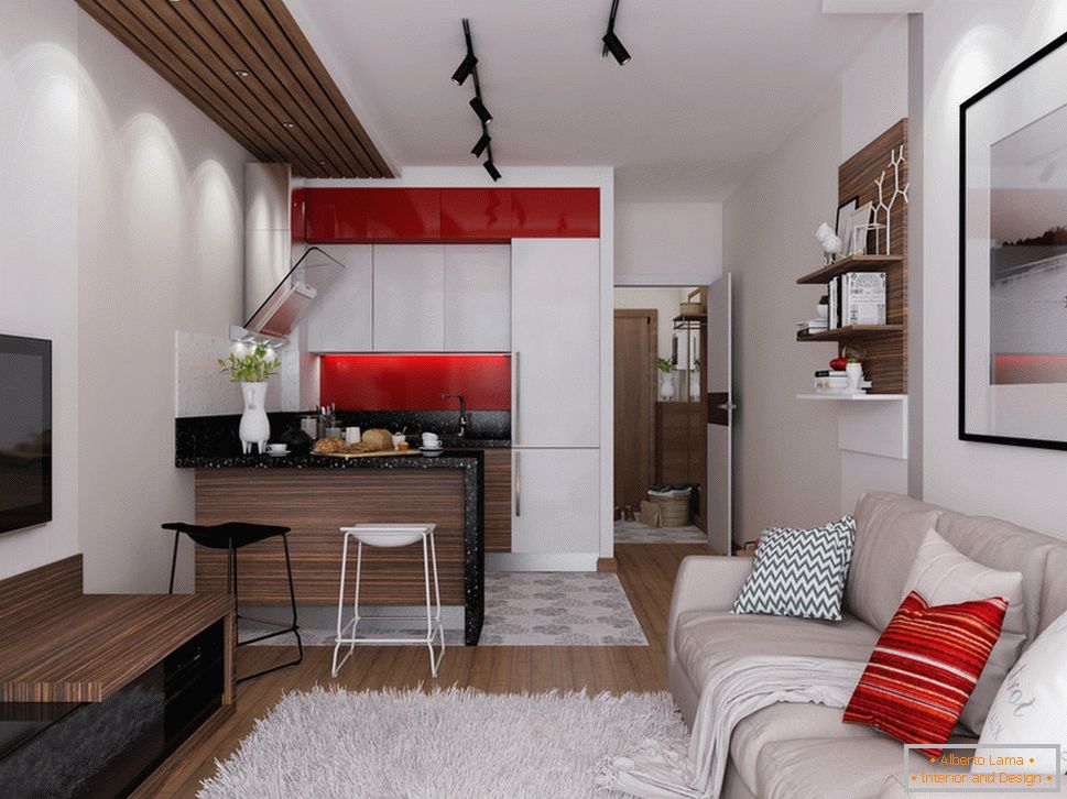 Дизайн квартири 30 кв. м з червоними акцентами