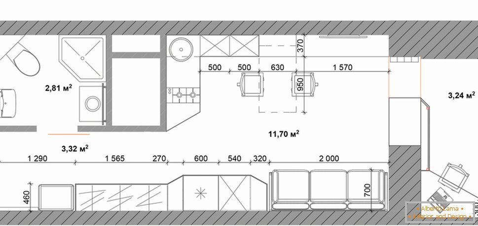 Планування квартири 30 кв. м в натуральних тонах з меблями