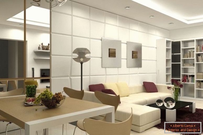 натхненно-сучасна-їдальня-і-вітальня-дизайн-для-малого-квартири-з-бежевий-leatherette-секційний-диван-і-чорний-скляна-кавовий стіл-на-рожево-коричневий-килими-як- добре-прохолодно-кутові дерев'яні книжкові полиці-1120x7