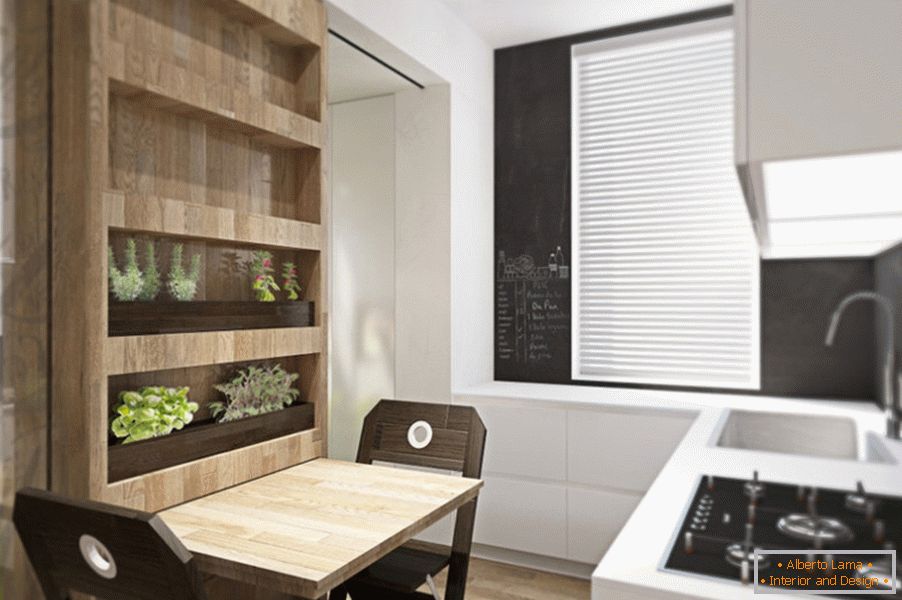 Дизайн квартири трансформер: стелаж з рослинами на кухні