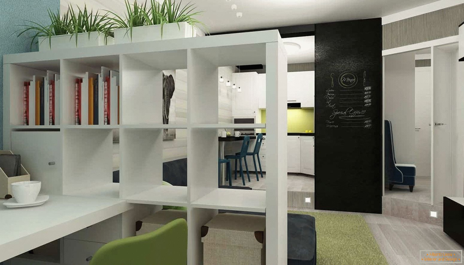 Все що потрібно в дизайні інтер'єру маленької квартири, кухня, вітальня і кабінет