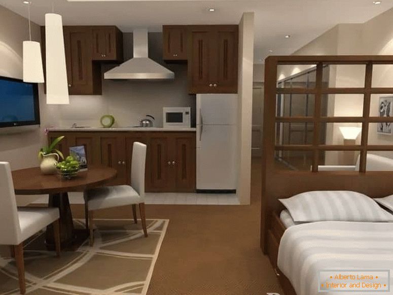 На цьому дизайні ви можете побачити як відокремити спальне місце в маленькій квартирі