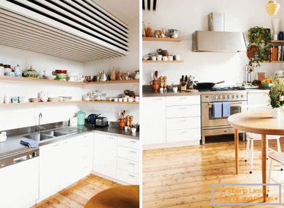 Скандинавський дизайн кухні в хрущовці - на фото з відкритими полицями