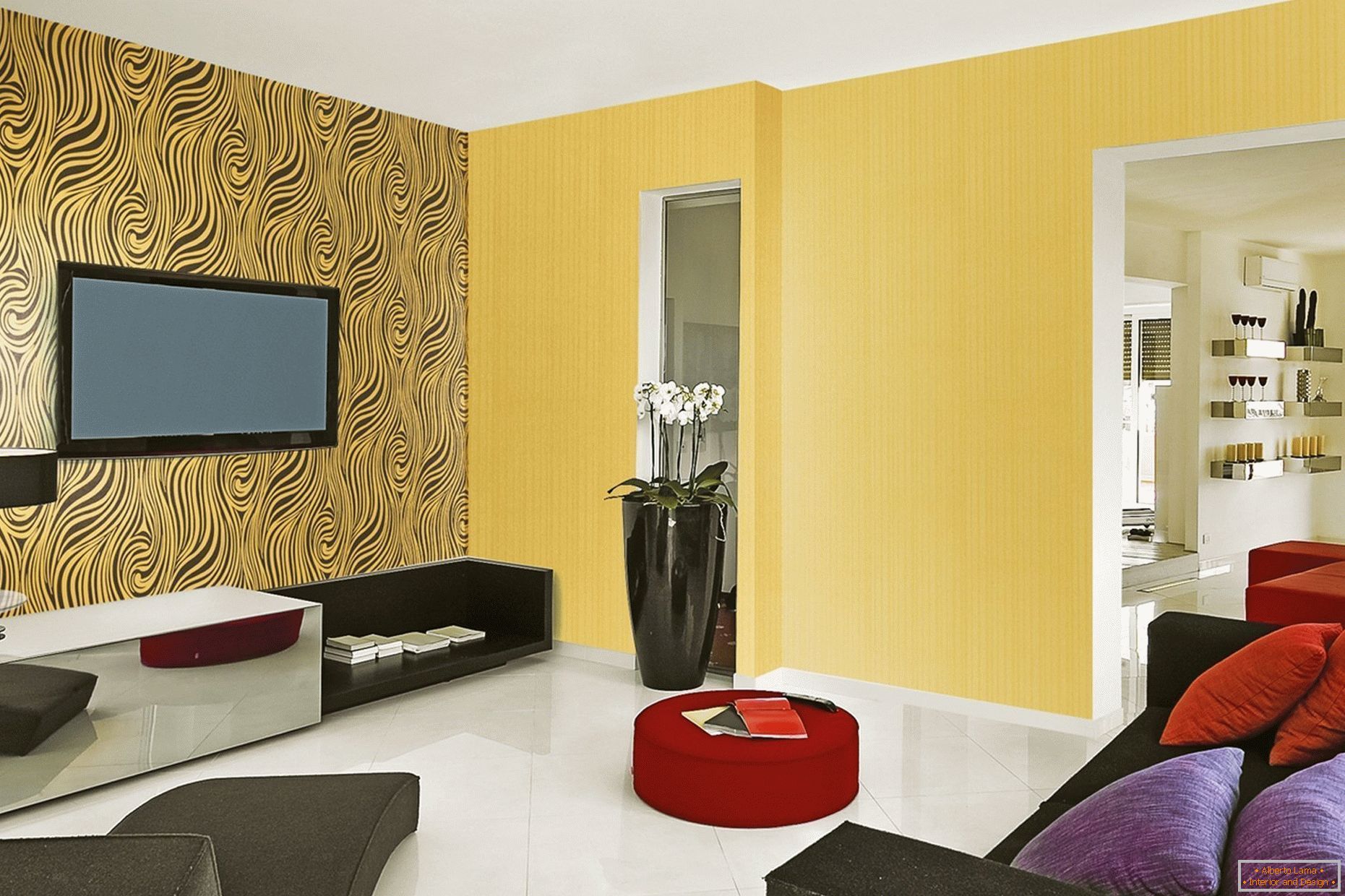 Жовті стіни і білий підлогу у вітальні