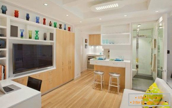 Вітальня, кухня та ванна в дизайні квартири 40 кв м фото