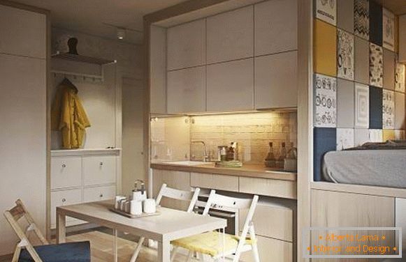 Модний дизайн однокімнатної квартири 40 кв м - фото кухні і спальні