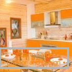 Поєднання помаранчевого і деревини на кухні