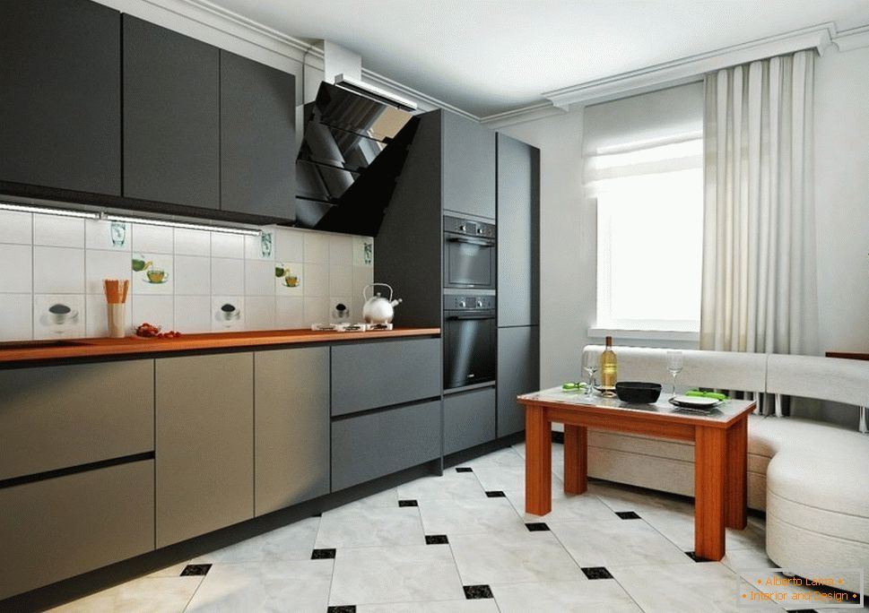 Чорна меблі і білий куточок на кухні