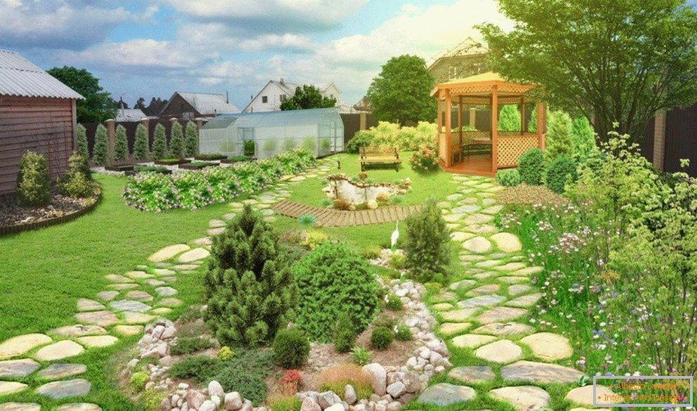 Сад з альтанкою і доріжками з каменю