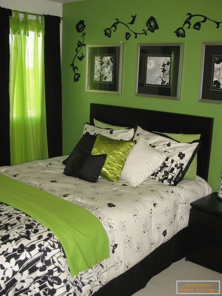 Поєднання зеленого з чорним в інтер'єрі спальні