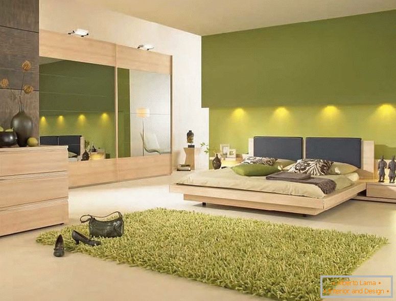 Інтер'єр спальні в зелених тонах с подсветкой 