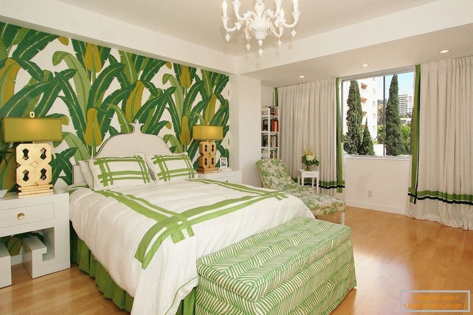 Спальня в зелених тонах с фотообоями
