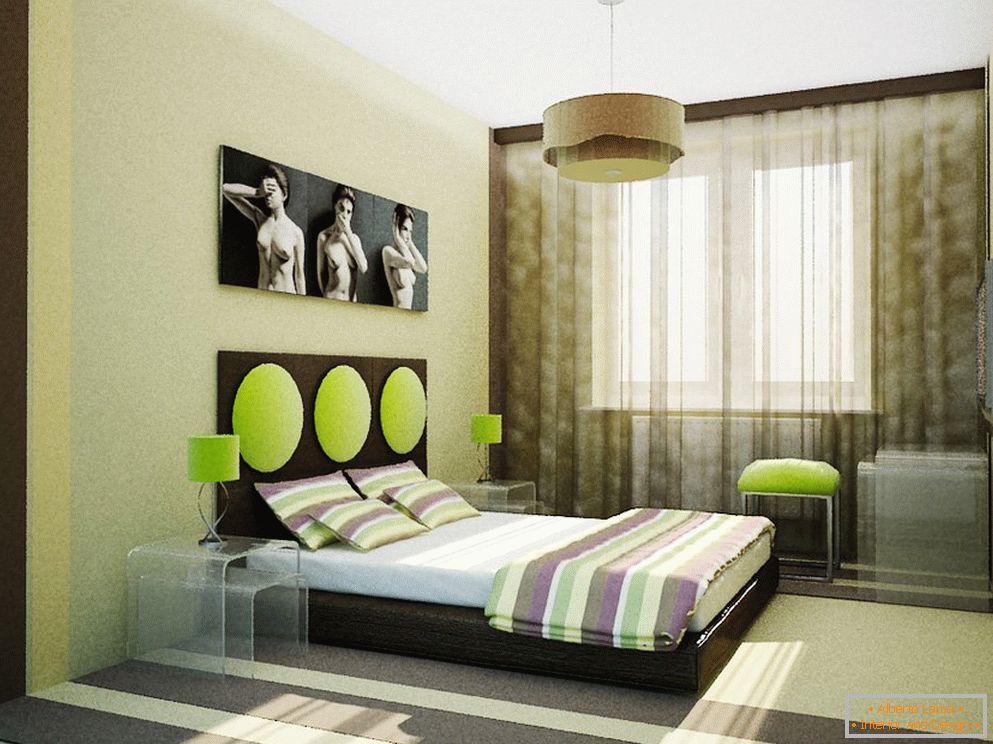 Незвичайний дизайн спальні в бежево-зелених тонах