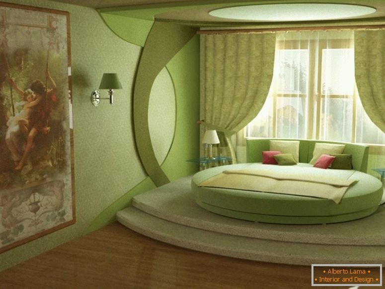 Зелена спальня з круглим ліжком