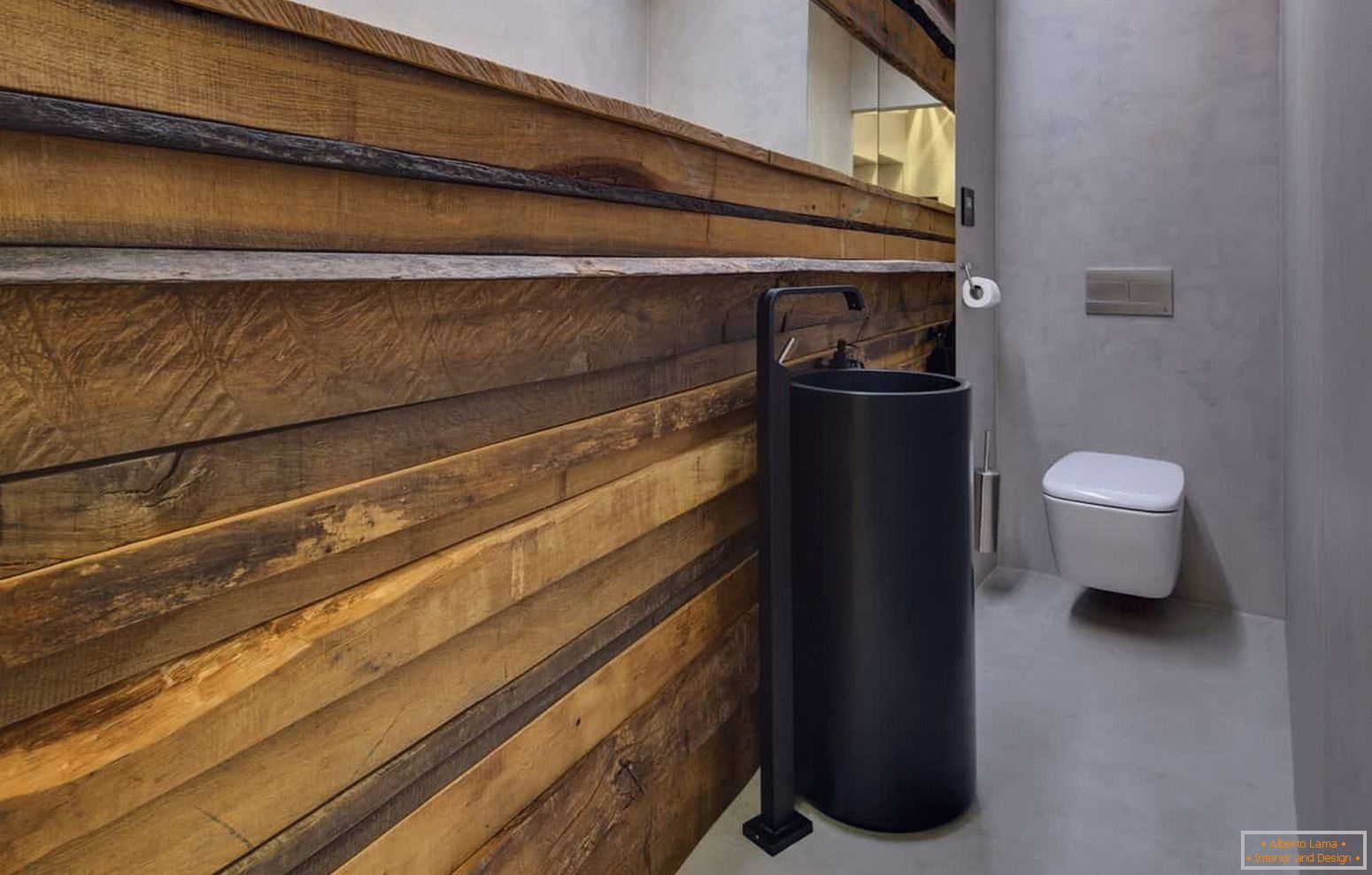 Сучасний дизайн маленького туалету в еко стилі з незвичайною раковиною