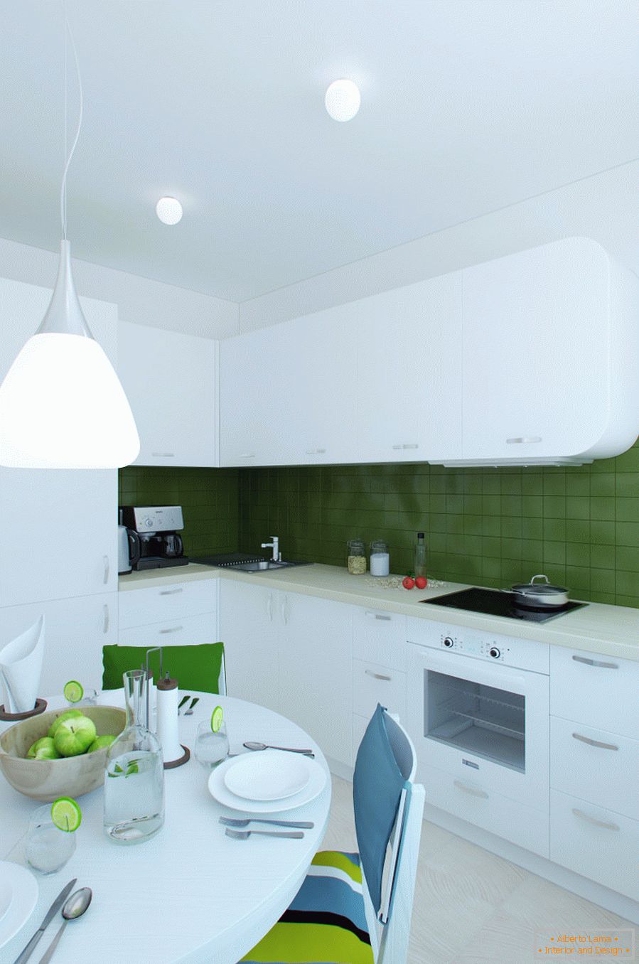Дизайн інтер'єру кухні в біло-зелених тонах