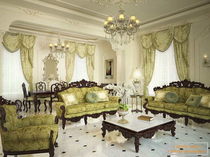 Оформлення просторій вітальні в бароко стилі.